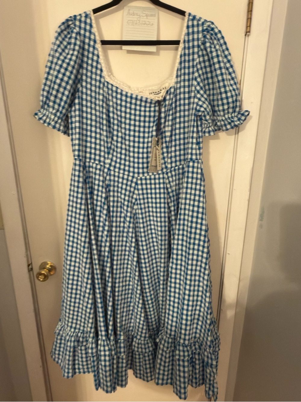 JessaKae Blue Gingham Puff-Sleeve Dress with Ruffle Hem
